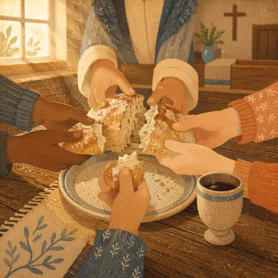 Communion Bread Shared in Wooden Chapel