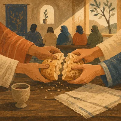 Hands Breaking Communion Bread in Chapel