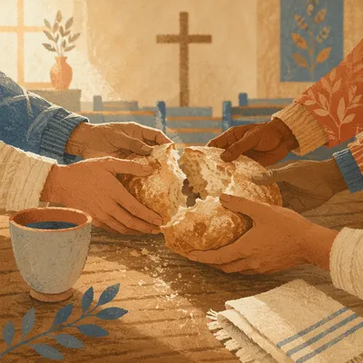 Hands Breaking Communion Bread in Chapel
