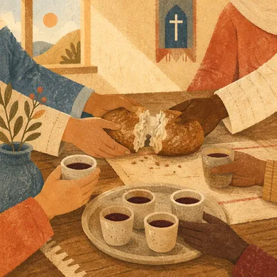 Breaking Bread Communion Around Wooden Table
