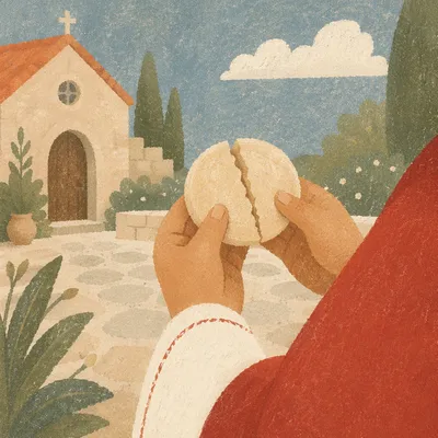 Breaking Communion Bread in Quiet Courtyard