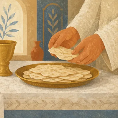 Close-Up Communion Bread on Brass Plate
