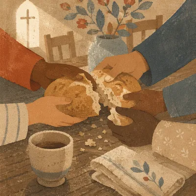 Communion Bread Shared Around Wooden Table