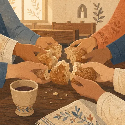 Hands Breaking Communion Bread in Chapel