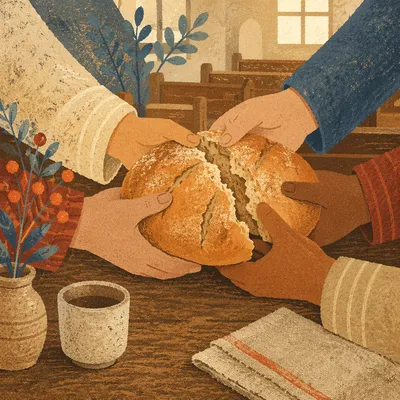 Communion Hands Breaking Rustic Bread Together