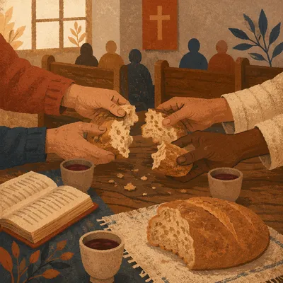 Hands Breaking Communion Bread Together