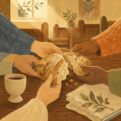 Breaking Bread Communion Around Wooden Table