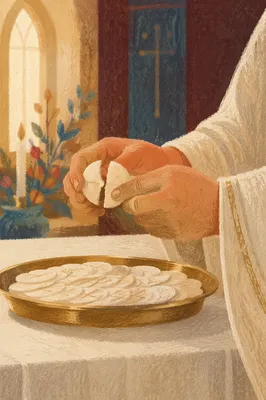 Reverent Hands Breaking Communion Bread