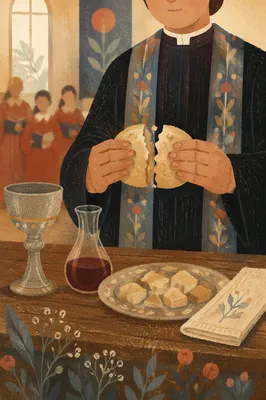 Breaking Communion Bread in Warm Chapel Light
