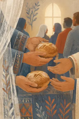Close-Up Communion Bread Shared in Church