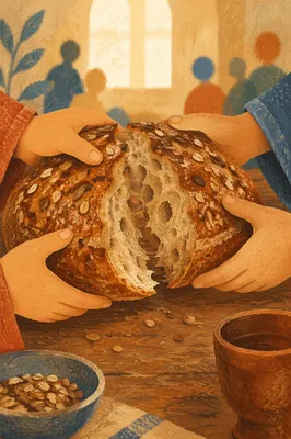 Rustic Communion Bread Shared by Hands