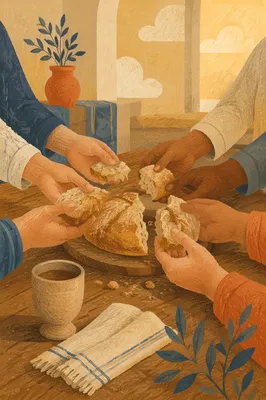 Hands Sharing Communion Bread in Fellowship