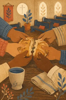 Hands Breaking Bread in Quiet Communion