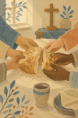 Hands Breaking Communion Bread in Fellowship