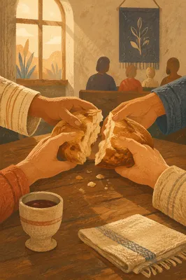 Hands Breaking Bread at Communion Table