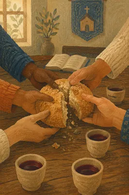 Breaking Bread Together at Communion Table