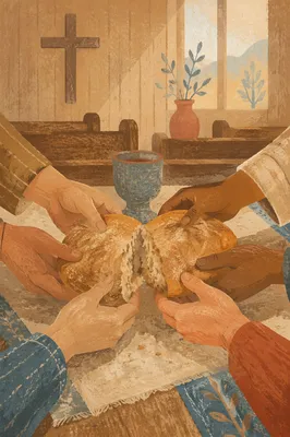 Breaking Bread Together at Communion Table