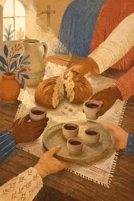 Communion Bread Shared Around Chapel Table