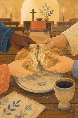 Communion Bread Shared in Wooden Chapel