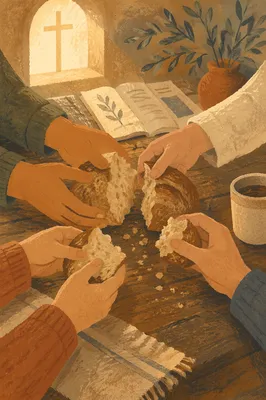 Hands Breaking Bread in Quiet Communion
