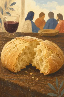 Broken Communion Bread on Wooden Table