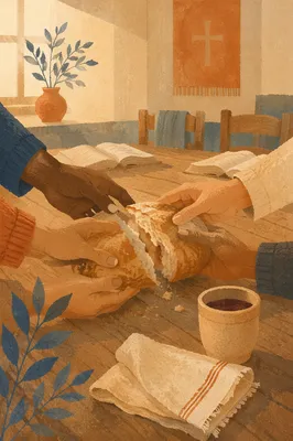 Communion Bread Shared Around Wooden Chapel Table
