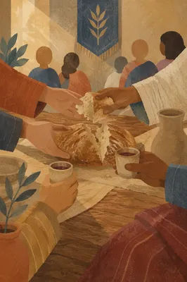 Communion Bread Shared Around Wooden Chapel Table