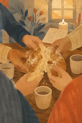 Hands Breaking Communion Bread in Fellowship