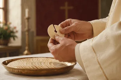 Close-Up Communion Bread Breaking Ceremony
