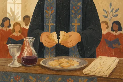 Breaking Communion Bread at the Altar
