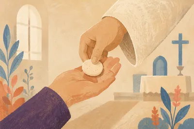 Close Up Communion Bread in Open Hands