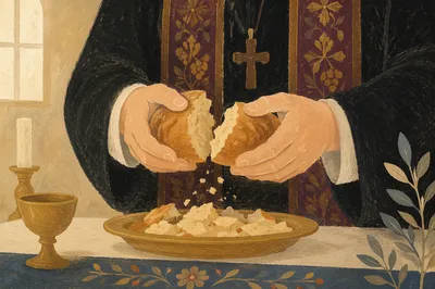 Breaking Communion Bread in Reverent Church Light