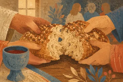 Breaking Bread Together at Communion Table