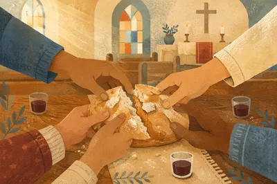 Hands Breaking Communion Bread in Church