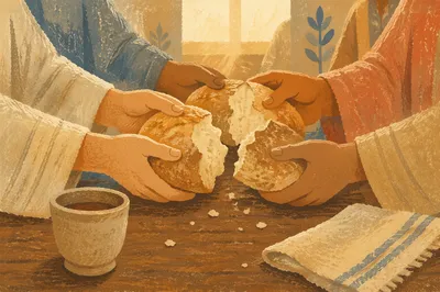 Hands Breaking Communion Bread in Chapel