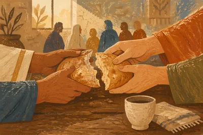 Breaking Bread Together at Communion Table