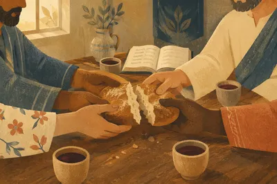 Communion Bread Shared Around Wooden Table