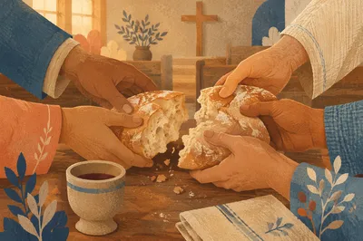 Breaking Bread Together at Communion Table