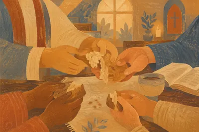 Communion Bread Shared Around Wooden Table