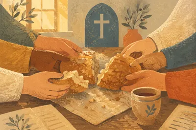 Hands Breaking Bread in Quiet Communion