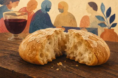 Broken Communion Bread on Wooden Table