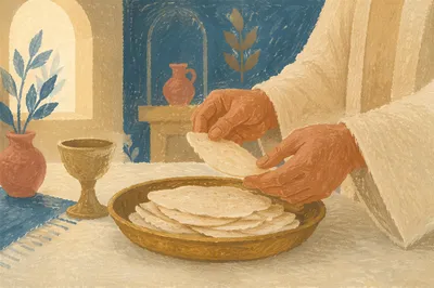 Hands Lifting Communion Bread in Warm Light