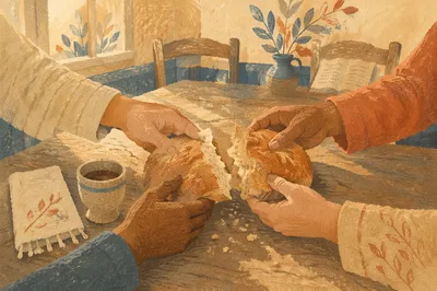 Communion Bread Shared Around Wooden Table