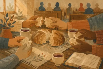 Breaking Bread Together at Communion Table