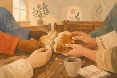 Breaking Bread Communion Around Wooden Chapel Table