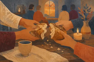 Hands Breaking Communion Bread in Warm Chapel