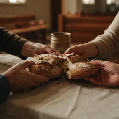 Breaking Bread Together at Communion Table