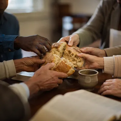 Close Up Communion Bread Fellowship Scene
