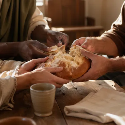 Breaking Bread Together at Communion Table