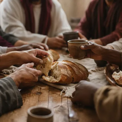 Communion Bread Shared Around Wooden Table